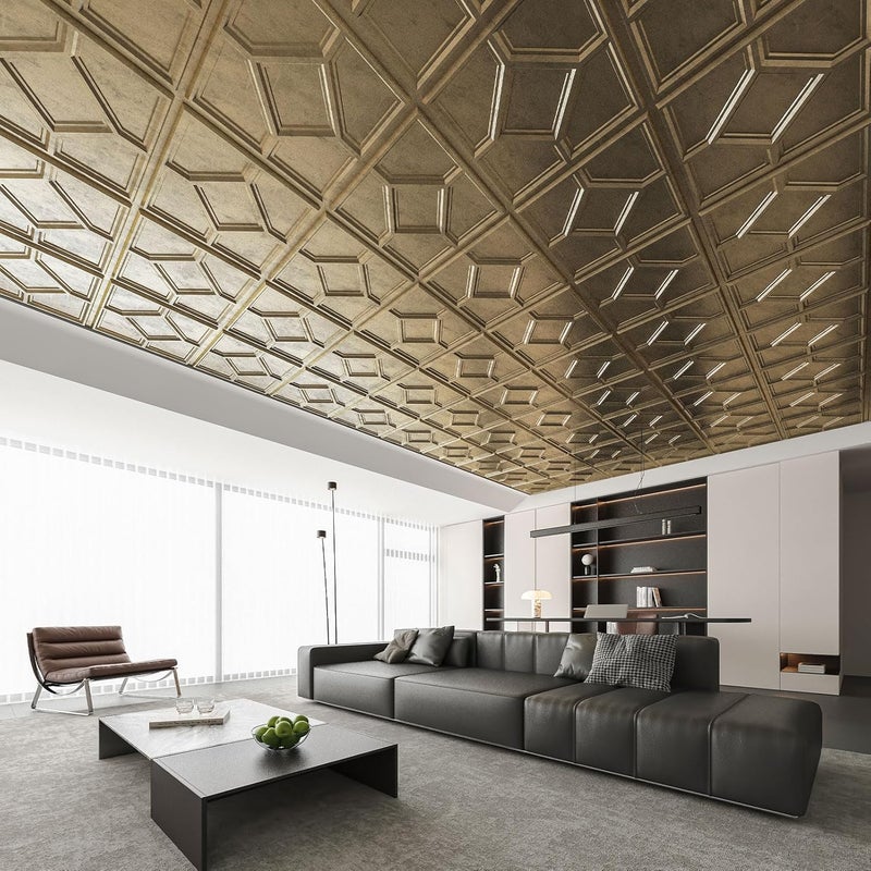 WOWSTAR 12-Pack 24"x24" Drop Ceiling Tiles, Waterproof Glue up Ceiling Panels, Cover 48 Sq. Ft, Antique Gold - Image 2